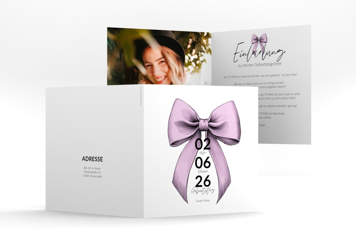 Einladung 40. Geburtstag Geburtstagsschleife quadr. Klappkarte rosa hochglanz