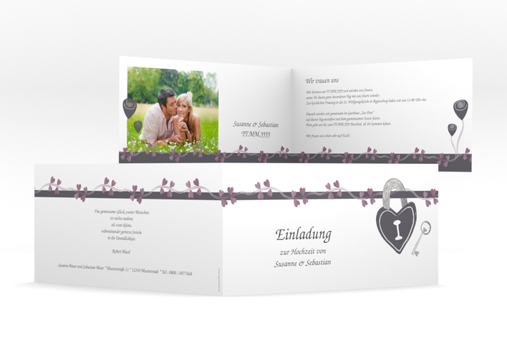 Hochzeitseinladung Oviedo lange Klappkarte quer grau mit Vorhängeschloss in Herz-Form
