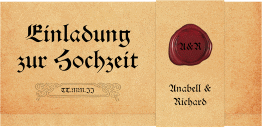 Klick: Details zu Hochzeitseinladung "Mittelalter" anzeigen Hochzeitseinladung Mittelalter Wickelfalzkarte + Banderole beige