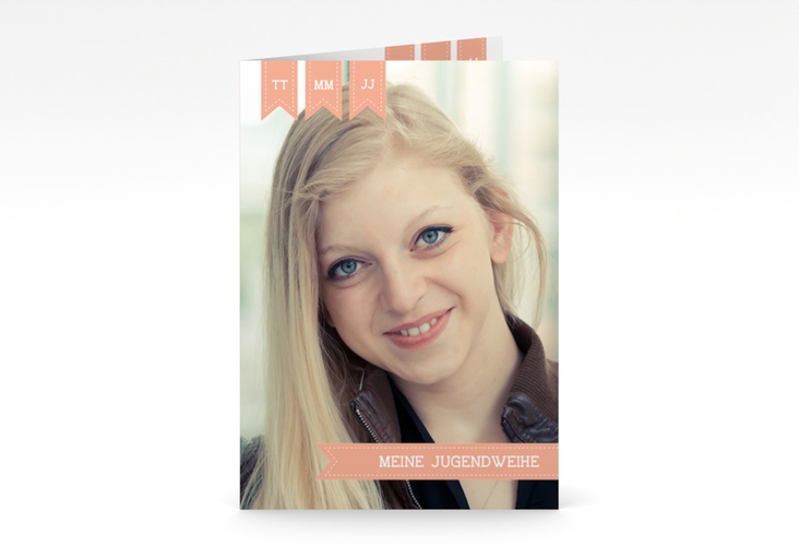 Einladung Jugendweihe Youthful A6 Klappkarte hoch apricot hochglanz mit eigenem Foto