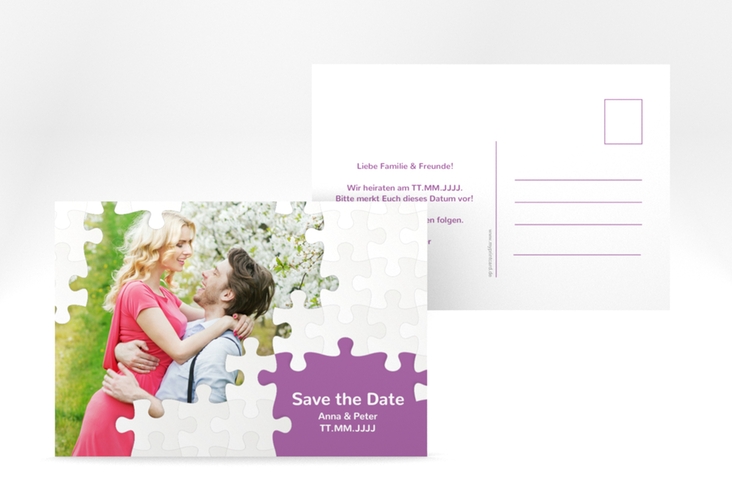 Save the Date-Postkarte Puzzle A6 Postkarte lila hochglanz