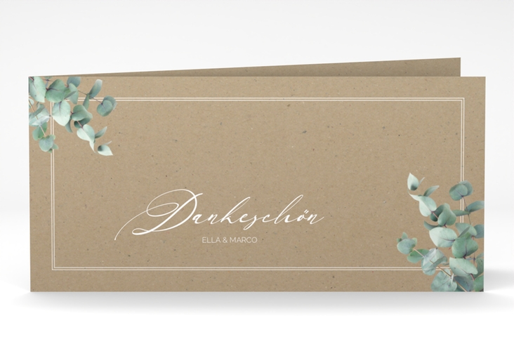 Danksagungskarte Hochzeit Eucalypt lange Klappkarte quer Kraftpapier hochglanz mit Eukalyptus und edlem Rahmen
