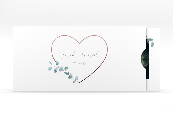 Hochzeitseinladung Greenheart Einsteckkarte rosa mit elegantem Herz und Eukalyptus-Zweig