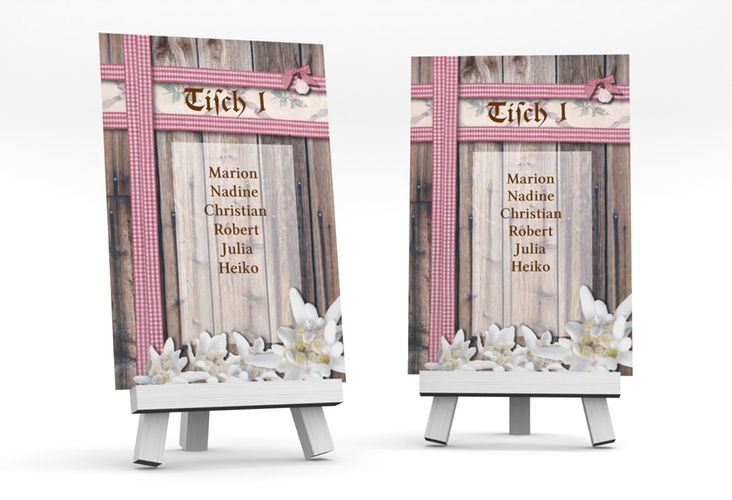 Tischaufsteller Hochzeit Bayern Tischaufsteller rot hochglanz mit Edelweiß in rustikaler Holz-Optik