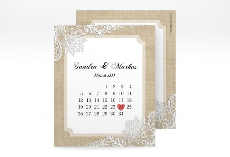 Save the Date-Kalenderblatt Lace Kalenderblatt-Karte beige in Leinen-Optik mit weißer Spitze