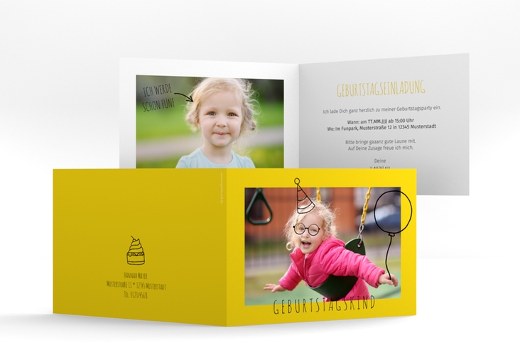 Einladungskarte Kindergeburtstag Geburtstagskind A6 Klappkarte quer gelb hochglanz