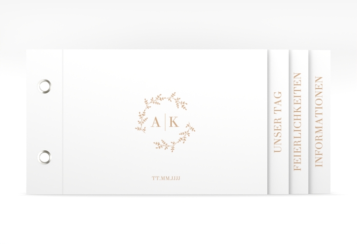 Hochzeitseinladung Filigrana Booklet beige in reduziertem Design mit Initialen und zartem Blätterkranz