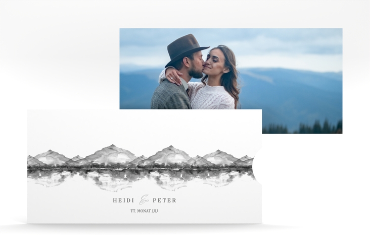Hochzeitseinladung Bergliebe Einsteckkarte grau mit Gebirgspanorama für Berghochzeit