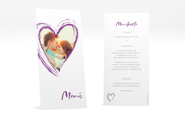 Menükarte Hochzeit Liebe lange Karte hoch lila hochglanz