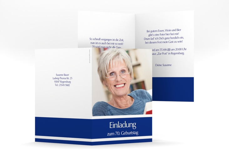 Einladung 70. Geburtstag Gerd/Gerda A6 Klappkarte hoch blau mit Foto