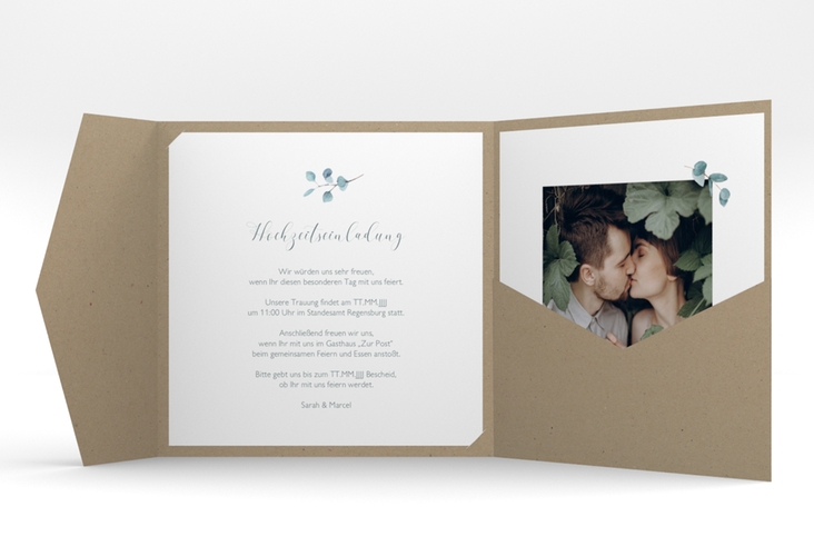 Hochzeitseinladung "Greenheart" Pocketfold mit elegantem Herz und Eukalyptus-Zweig