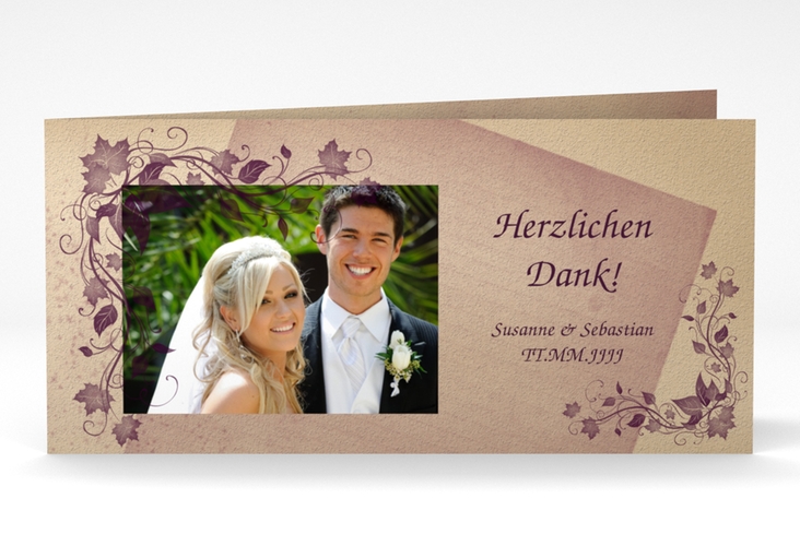 Dankeskarte Hochzeit Erfurt lange Klappkarte quer mit Weinranken in Violett