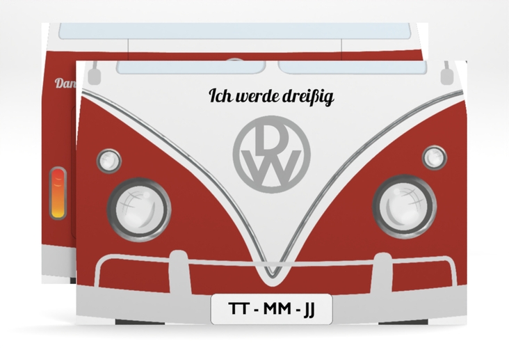Einladung 30. Geburtstag Bulli Bus A6 Karte quer rot