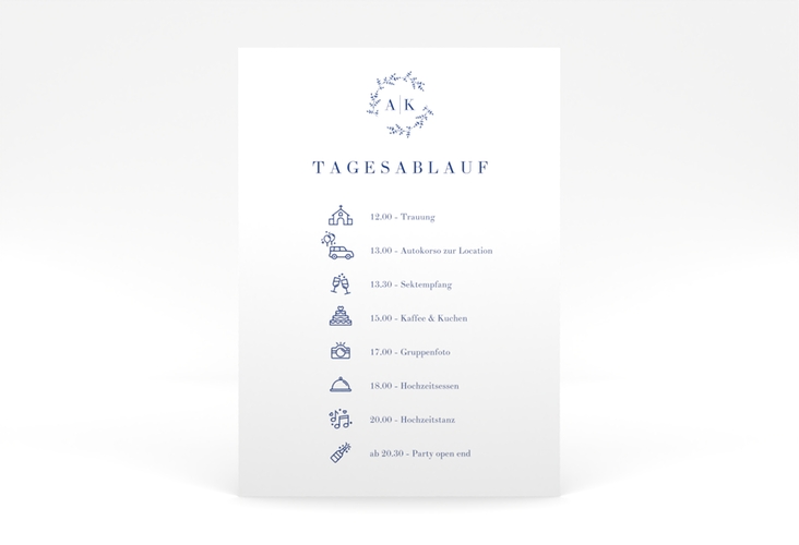 Tagesablauf Poster Hochzeit Filigrana 50 x 70 cm Poster blau in reduziertem Design mit Initialen und zartem Blätterkranz