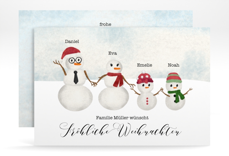 Weihnachtskarte Schneemann Familie A6 Karte quer für Weihnachtsgrüße mit Familienfoto