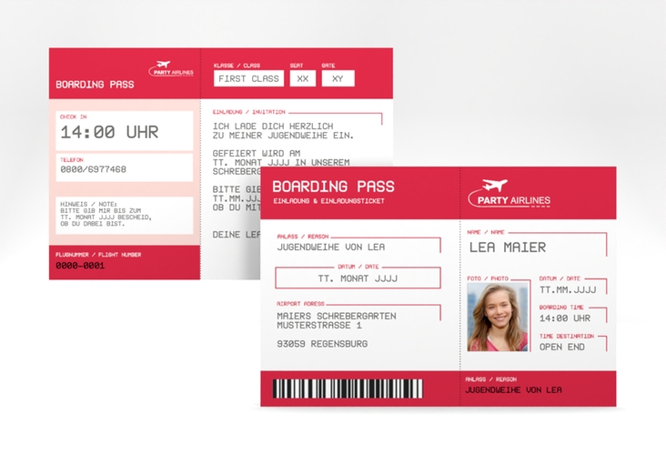 Einladung Jugendweihe Ticket A6 Karte quer rot