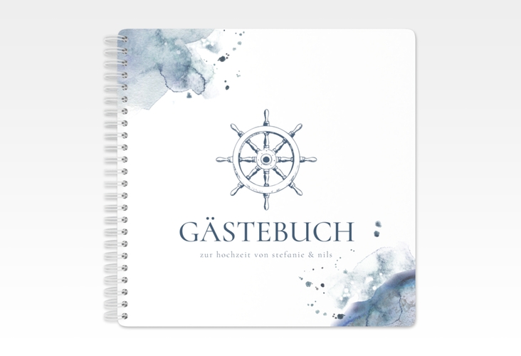 Gästebuch Hochzeit Steuerrad Ringbindung in maritimen Blautönen