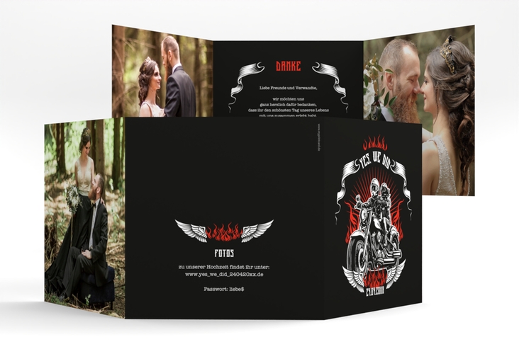 Dankeskarte Hochzeit Biker quadr. Doppel-Klappkarte mit Rocker-Paar auf Motorrad