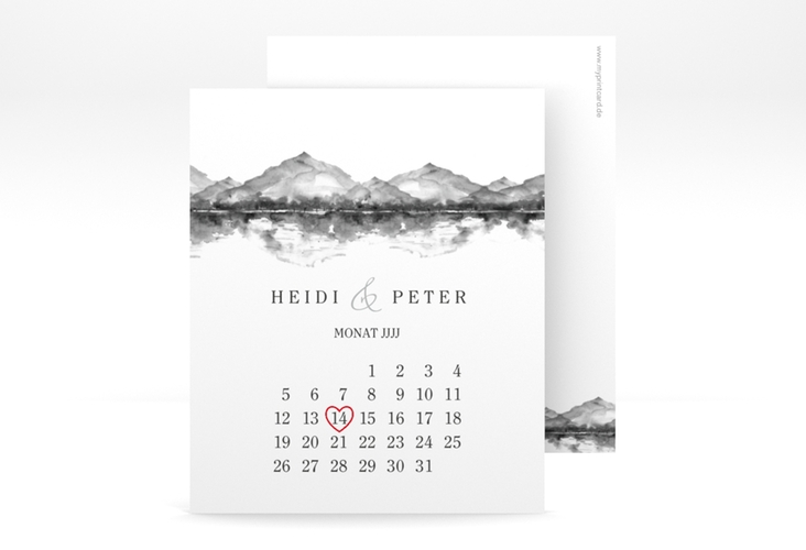Save the Date-Kalenderblatt Bergliebe Kalenderblatt-Karte grau mit Gebirgspanorama für Berghochzeit