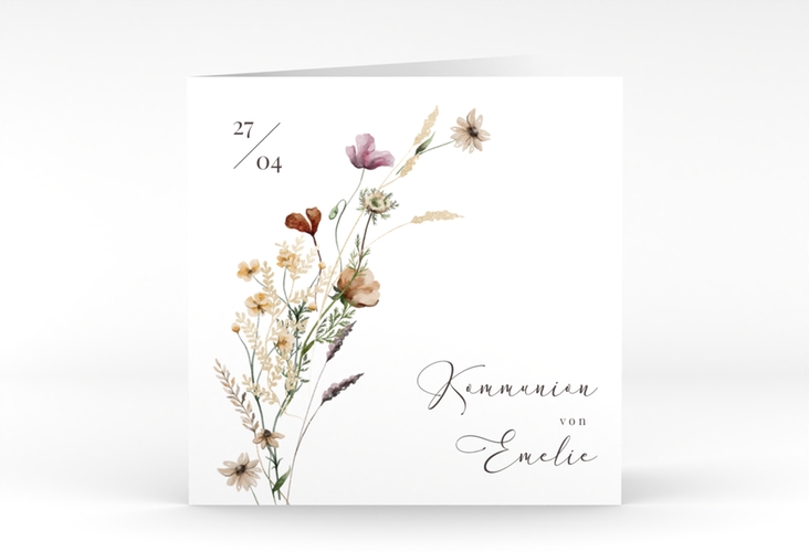 Kommunionseinladung Blumensegen quadr. Klappkarte weiss hochglanz