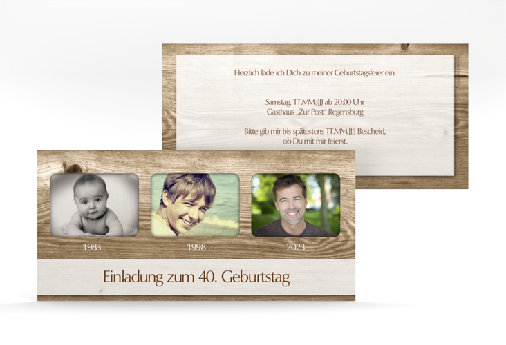 Einladung 40. Geburtstag Michael/Michaela lange Karte quer im rustikalen Holz-Design mit Foto