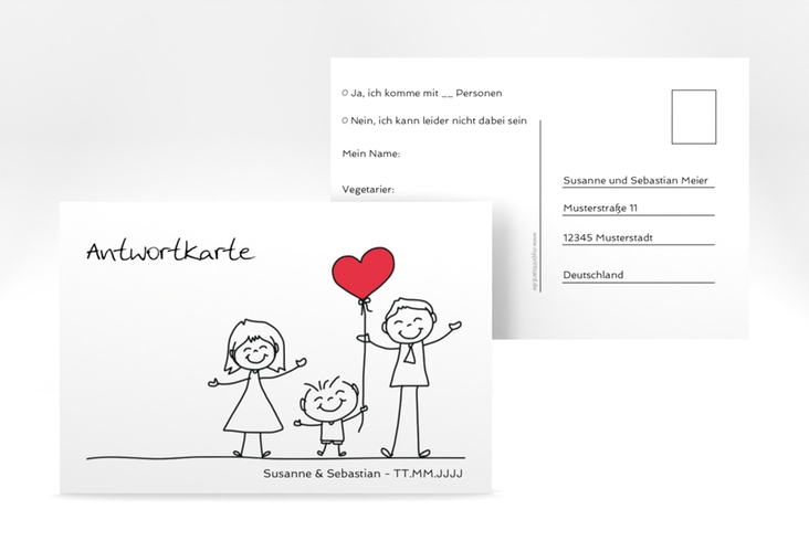 Antwortkarte Hochzeit Family A6 Postkarte weiss