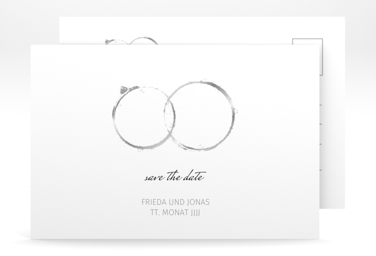 Save the Date-Postkarte Trauringe A6 Postkarte grau minimalistisch gestaltet mit zwei Eheringen