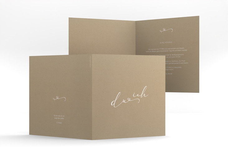 Hochzeitseinladung Zweisamkeit quadr. Klappkarte Kraftpapier hochglanz im minimalistischen Stil mit Aufschrift du & ich
