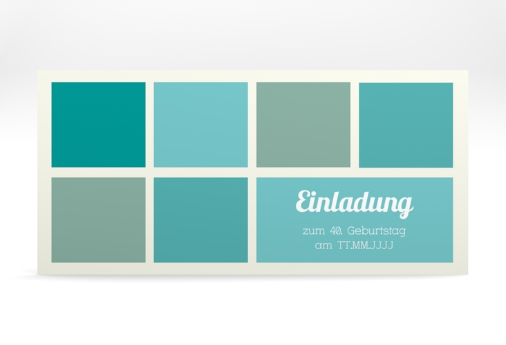 Einladung 40. Geburtstag Daniel/Daniela lange Karte quer tuerkis in Retro-Farben