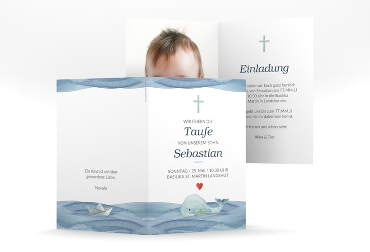 Einladungskarte Taufe Blauwal A6 Klappkarte hoch hochglanz