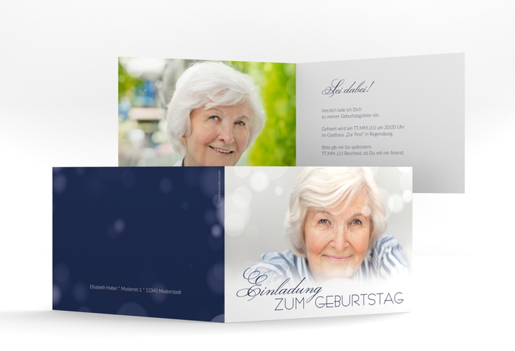 Einladung 80. Geburtstag Luminous A6 Klappkarte quer blau
