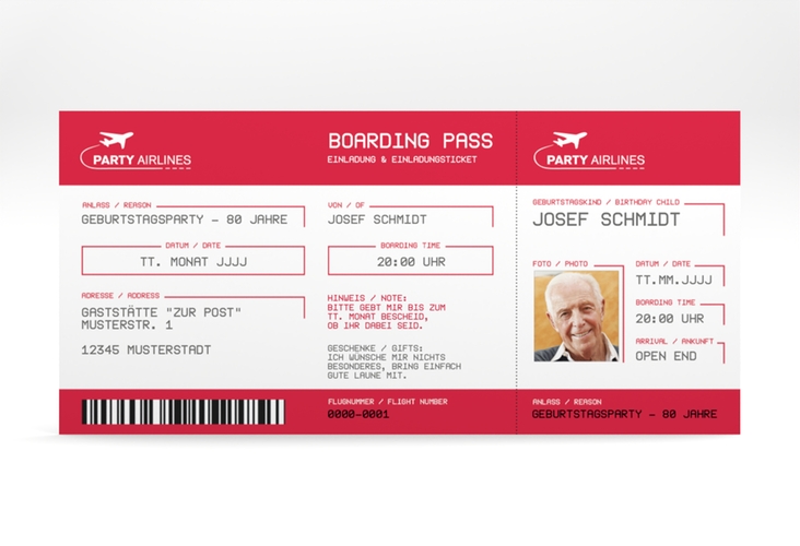 Einladung 80. Geburtstag Boardingpass lange Karte quer rot hochglanz