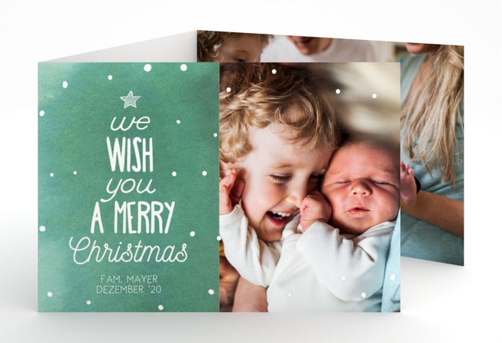Weihnachtskarte Schneeglitzern A6 Doppel-Klappkarte gruen hochglanz