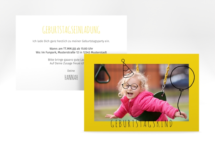 Einladungskarte Kindergeburtstag Geburtstagskind A6 Karte quer gelb hochglanz