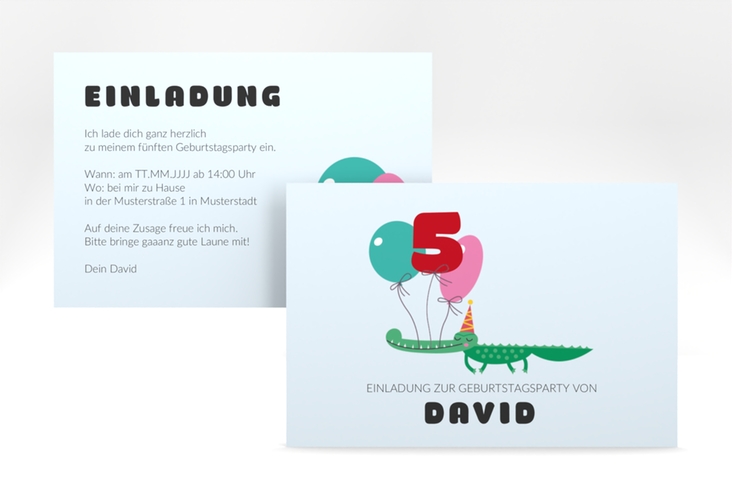 Einladungskarte Kindergeburtstag "Kroko" DIN A6 quer mit Krokodil und Luftballons