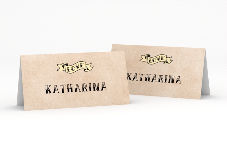 Tischkarte Hochzeit Tattoo Tischkarten beige mit Herz und zwei Schwalben