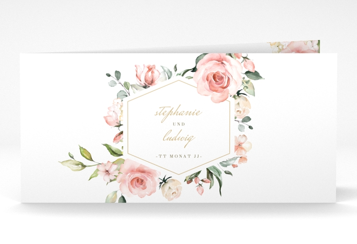Hochzeitseinladung Graceful lange Klappkarte quer weiss hochglanz mit Rosenblüten in Rosa und Weiß