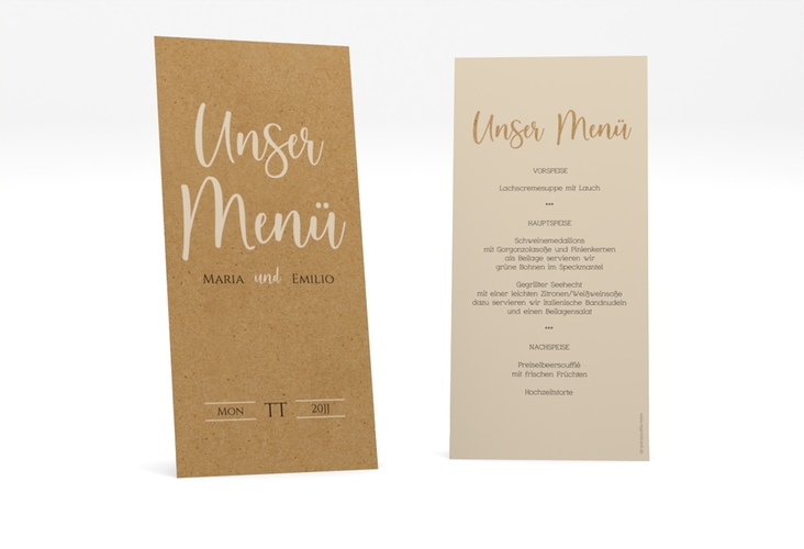 Menükarte Hochzeit Noble lange Karte hoch Kraftpapier mit elegantem Schriftzug
