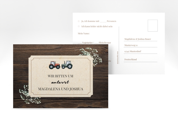 Antwortkarte Hochzeit Bauernhochzeit A6 Postkarte braun in rustikaler Holz-Optik mit Schleierkraut und zwei kleinen Traktoren