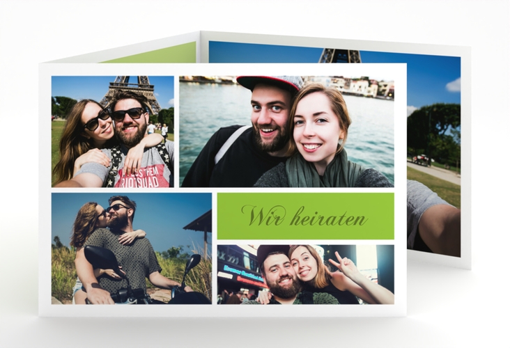 Hochzeitseinladung Collage A6 Doppel-Klappkarte gruen