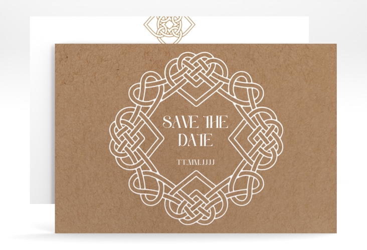 Save the Date-Karte Herzknoten A6 Karte quer Kraftpapier mit Goldrahmen und roten Herzen