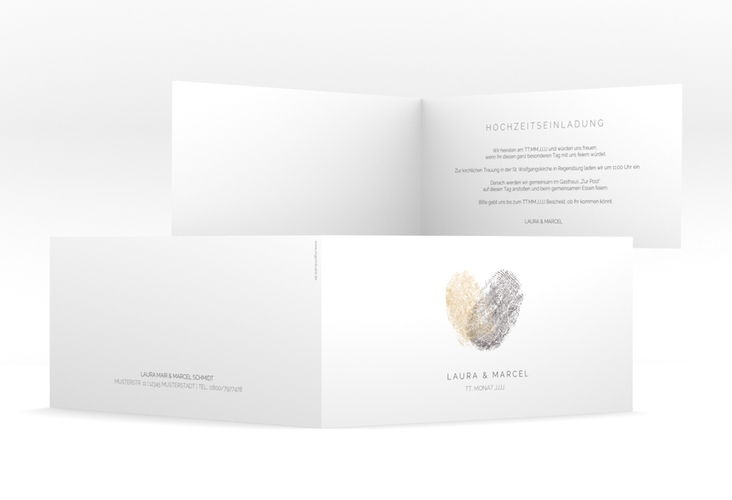 Hochzeitseinladung Fingerprint lange Klappkarte quer beige hochglanz schlicht mit Fingerabdruck-Motiv