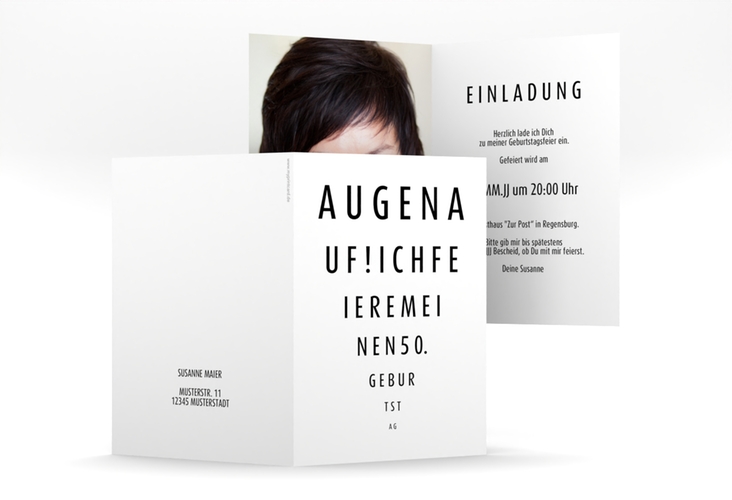 Einladung 50. Geburtstag Sehtest A6 Klappkarte hoch