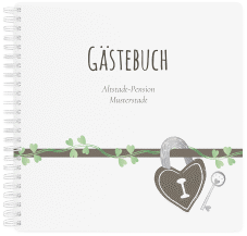 Gästebuch Ferienwohnung Altstadt Ringbindung gruen mit Schlüssel-und-Schloss-Motiv