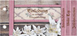 Klick: Details zu Einladungskarte Hochzeit "Bayern" anzeigen Einladungskarte Hochzeit Bayern Booklet rot mit Edelweiß in rustikaler Holz-Optik