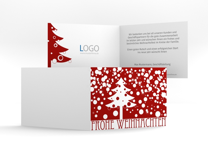 Geschäftliche Weihnachtskarte Schneeweiss A6 Klappkarte quer rot mit Art Déco Schriftzug und Winterlandschaft