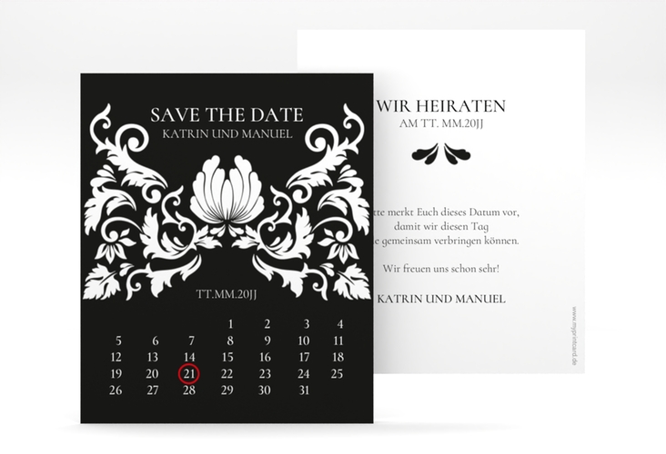 Save the Date-Kalenderblatt Royal Kalenderblatt-Karte schwarz hochglanz mit barockem Blumen-Ornament