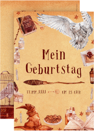 Einladungskarte Kindergeburtstag Zauberformel A6 Karte hoch braun mit Zauberhut, Hexenbesen und Schneeeule