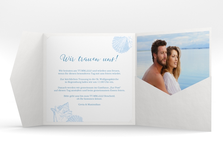 Hochzeitseinladung "Muschelreich" Pocketfold blau