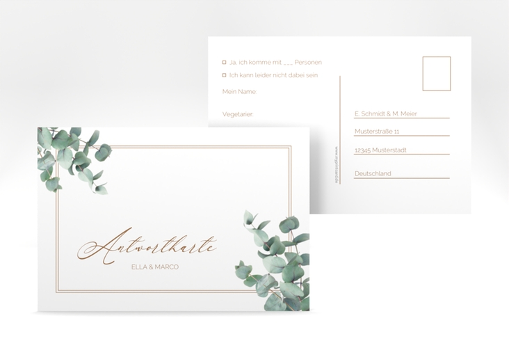 Antwortkarte Hochzeit Eucalypt A6 Postkarte weiss mit Eukalyptus und edlem Rahmen